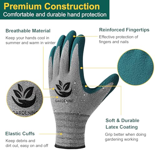 Trifabricy Garden Gloves for Women/Men - 6 Pairs Latex Gardening Gloves with Grip, Protective Work Gloves for Lawn Yard - color: Green & Black & Grey