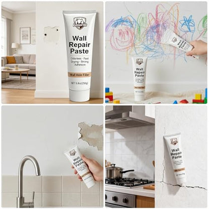 Wall Repair Paste – 2 Pack 250g (500g Total) Spackle for Nail Holes and Cracks, Zero VOC Odorless Wall Filler with 2 Inch Patches, Scraper, Sandpaper, Gloves, Fast Drying Paintable Compound
