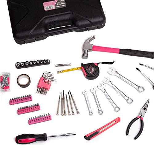 Cartman 148Piece Tool Set General Household Hand Tool Kit with Plastic Toolbox Storage Case Pink - color: Pink