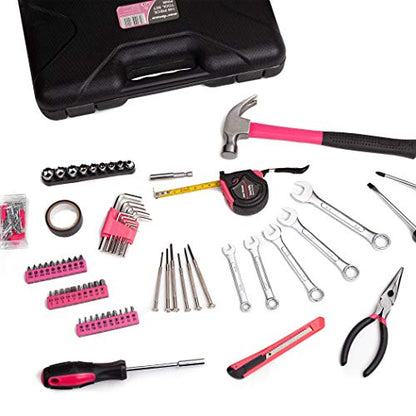 Cartman 148Piece Tool Set General Household Hand Tool Kit with Plastic Toolbox Storage Case Pink - color: Pink