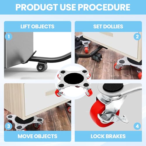 Upgrade 3000LBS Heavy Duty Furniture Dolly & Movers, 6.3" Carbon Steel Panel with 5 360° Rotatable Rubber Universal Wheels, Includes Non-Slip Sliders & Lifter Tool for Moving Pianos, Sofa, Appliances - color: Red Wheel(standard)