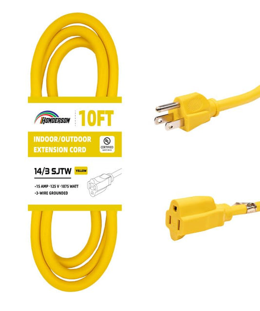 Indoor/Outdoor Extension Cord, 14 Gauge 10FT Yellow 3 Prong Heavy Duty, Weatherproof, UL Certified, 14/3 SJTW 15A Power Cord for Outdoor Lights, Appliances, Lawn - color: Yellow, size: 10FT, style: 14/3