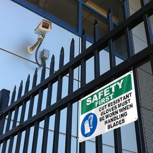 Safety First Warning Sign Aluminum Cut Resistant Gloves Required Handling Blades 12 * 8 Inch Rust Free Waterproof 4 Pre Drilled Holes for Workshop Garage Warehouse Factory Store