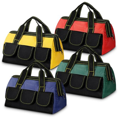 4 Pack Tool Bag for Men with Waterproof Strong Hard Bottom, Heavy Duty Tool Bag Multi Pockets Wide Mouth Tote for Various Instrument, Electrician Carpenter Mechanic (13 Inch, Black, Red, Yellow, Green