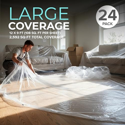 12 x 9 Ft Drop Cloths (24-Pack) – Plastic Sheeting & Painters Plastic Tarps for Painting, Waterproof Floor & Furniture Protection - size: 24 Pack