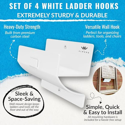 Ladder Hooks Set of 4 – White Heavy Duty Garage Wall Hooks, Use as Ladder Holder, Step Stool Hanger - color: White, size: Pack of 4 Hooks