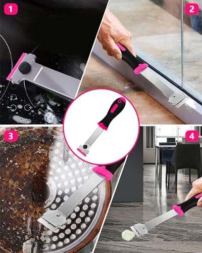 Razor Blade Scraper,Long Handle Razor Scraper with 10 Plastic and 10 Metal Blades - Perfect for Removing Labels, Stickers, Registration Stickers, and Grease from Windshields, Tint, and Glass (Pink) - color: Pink