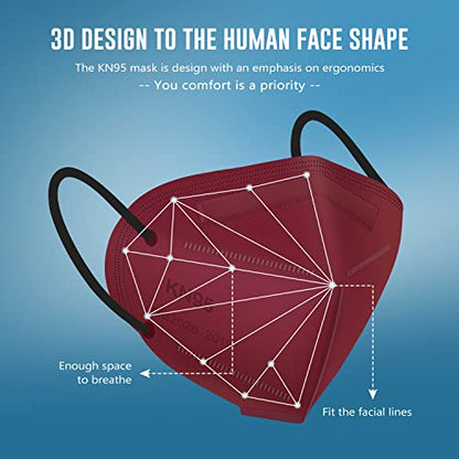 WWDOLL KN95 Face Mask 50 Pack, 5-Layers Breathable KN95 Masks, Red - color: Red
