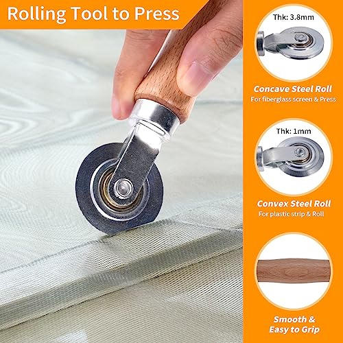 QWR 4 in 1 Window Screen Repair Tool Kit,Including 32Ft Spline Replacement,Steel Roller with Bearing,Spline Removal Hook and High Quality Scissors,for Installing Door Mesh Screens., Black (QWR-56321)