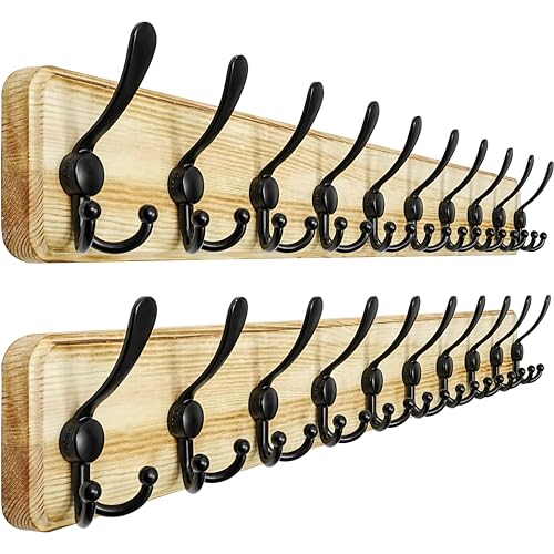 Dseap Coat Rack Wall - Heavy-Duty 38-1/4" Long, with Reinforced 10 Custom Tri-Hooks, Solid Wood Wall Hanger for Coats Hat Jackets - Rustic Farmhouse Entryway Storage, Light Brown & Black, Pack of 2 - color: Light Brown & Black, size: L=38.3"