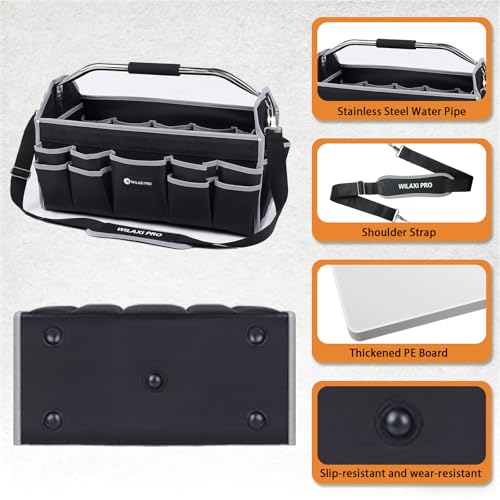 16in Tool Bags For Men Heavy Duty, Tool Bag Organizer Foldable Open Top Tool Bags, Tool Tote Bag With Handle, Wide Mouth Electrician Tool Tote, 22 PCS Pockets Tool Carrier, Grey - size: 16INCH