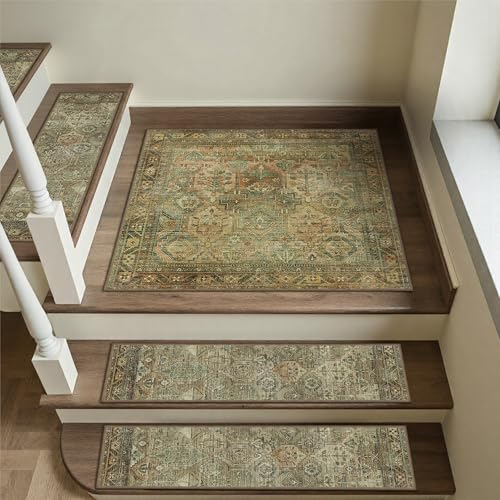 sarben Carpet Stair Treads Non Slip 1PCS, 30" X 30"Edging Stair Runner for Wooden Steps Indoor, Resistant Stair Rugs with Reusable TPE Adhesive Backing, Residue Free Mat for Kids,Pets,Vintage Sage - color: Vintage Olive | Non Slip, size: 2'6" x 2'6" (Squa