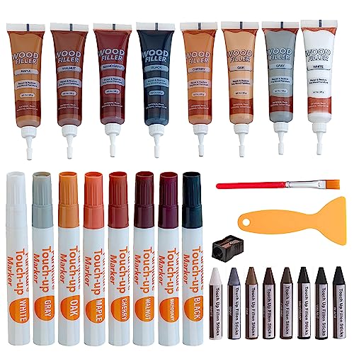 Furniture Repair Kit Set of 34, Wood Scratch Repair Markers, Wax Crayons and Wood Filler with Brushes and Sharpener for Furniture, Floors, Cabinets, Tables and Desks - color: Dark & Light + Fillers, size: Set Of 34