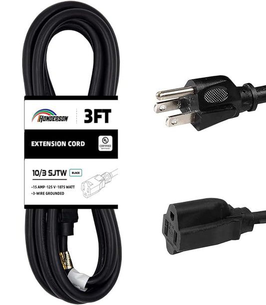 Extension Cord Weatherproof, UL Certified, 10 Gauge 3FT Black 3 Prong Heavy Duty, 10/3 SJTW 15A Power Cord for Lights, Appliances, Lawn - color: Black, size: 3FT, style: 10/3