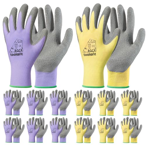 toolant Crinkle Latex Work Gloves Bulk, Rubber Coated Safety Work Gloves for Men and Women, 12 Pairs for Construction, Gardening, Warehouse (Purple & Yellow, Medium) - color: Purple & Yellow, size: Medium