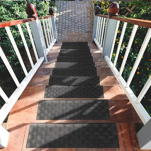 Ottomanson Outdoor Rubber Stair Treads – Ribbed Heavy-Duty Non-Slip Stair Mats – Best Grip on Concrete, Brick & Textured Step – Fastening Recommended for Wooden & RV Steps, Pack of 5 - color: Black Ribbed Squares