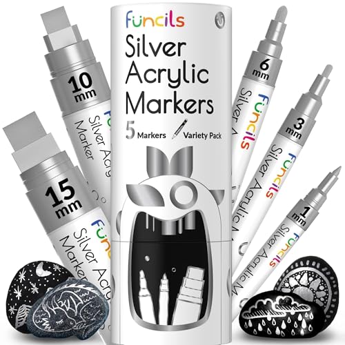 5 Acrylic Silver Paint Pen - Silver Marker Metallic Paint Pens for Fabric, Wood, Canvas, Leaf, Metal, Glass, Plastic - Permanent Pen Fine Tip, Thin Point & Jumbo (1mm, 3mm, 6mm, 10mm, 15mm) - color: Silver