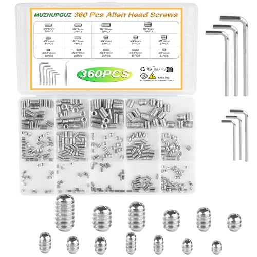 360 Pcs Allen Head Screws - Hex Socket Head, Grub Screw Set - M2.5/M3/M4/M5/M6/M8 Metric Stainless Steel Internal Hex Drive Cup-Point Screws Assortment Kit for Door Handles, Light Fixture - size: 14Size（360pcs Stainless Steel）