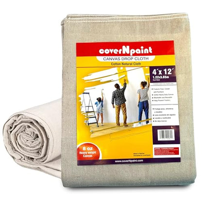 Canvas Drop Cloth by coverNpaint 4x12 (1.22X3.65 M Cut Size) Pack of 1 Reusable Paint Drop Cloth, 100% Cotton, All Purpose Painters Canvas Drop Cloth, Cover for Painter Furniture & Floor Protection