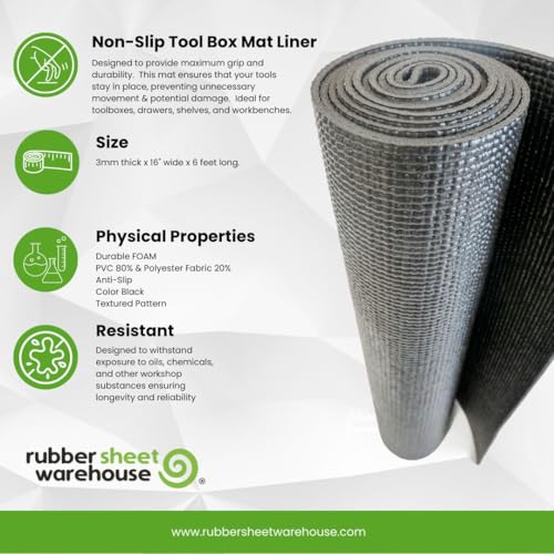 Rubber Sheet Warehouse | Tool Box Mat for Protecting Your Tools, Padding Work Surfaces, Industrial Grade | 16 inch Wide x 6 ft Long (PVC)