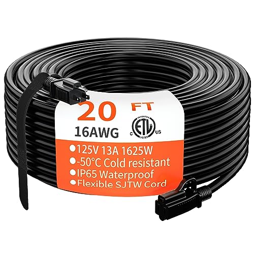 HUANCHAIN Indoor Outdoor Black Extension Cord 20 ft Waterproof, 16/3 Gauge Flexible Cold-Resistant Appliance Extension Cord Outside, 13A 1625W 16AWG SJTW, 3 Prong Electric Cable, ETL - color: Black, size: 20 FT, style: 16/3 Extension Cord