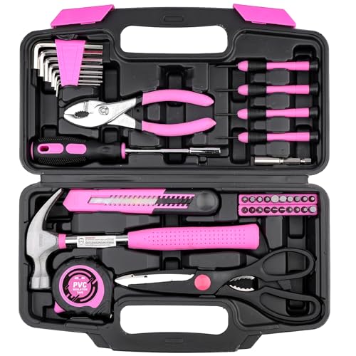 DOWELL 40 Pieces Home Tool Set Pink, General Household Hand Tool Kit with Plastic Toolbox Storage Case, Mini Repair Tool kit for Women, College Students, Home Use & More - color: Pink