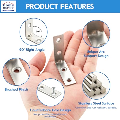 HOME MASTER HARDWARE 2 inch L Bracket Corner Brace Sets, Stainless Steel Corner Bracket, Joint Right Angle Brackets with Screws for Shelves Wood Furniture Frame(20 Pack) - size: 2 " Stainless Steel-20Pack