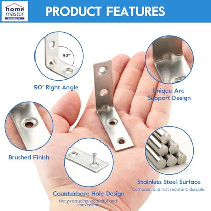 HOME MASTER HARDWARE 40pcs L Bracket Corner Brace Sets, Stainless Steel Corner Bracket, 2 inch Joint Right Angle Brackets with Screws for Shelves Wood Furniture Frame - size: 2 " Stainless Steel-40Pack