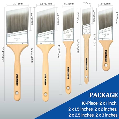 Great Andrew 10 Pack Paint Brushes Bulk (1" 1.5" 2" 2.5" 3") Set, Angle Sash Brushes for Trim, Walls, Wood, Stain Brushes for Painting House & Exterior, Latex, Oil - size: 10 pcs-1"1.5"2"2.5"3"