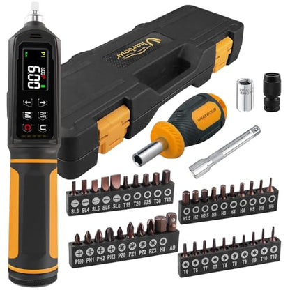 Digital Torque Screwdriver 0.09-6Nm, Torque Screwdriver Set with 1/4" Elastic Bit Holder, Extension Rod, Flat, Hex, Torx and Philips Bits, Suitable for Gunsmithing, DIY, Bicycle Maintenance - size: 9-80in.lb