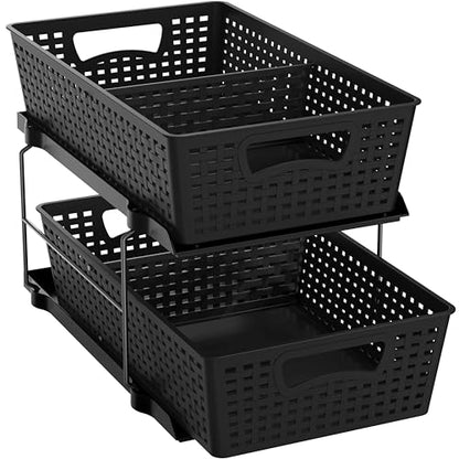 Simple Houseware 2 Tier Bathroom Organizer Tray Pull-Out Sliding Drawer, Under Sink Storage, Black - color: Black