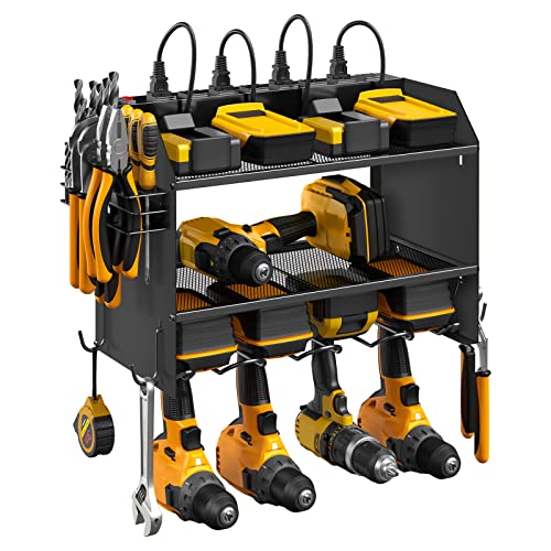 CCCEI Modular Power Tool Organizer Wall Mount with Charging Station. Garage Drill Storage Shelf with Hooks, Heavy Duty Rack, Tool Battery Holder Built in 8 Outlet. Gift for Men. Black, 1 Pack. - color: C_Black