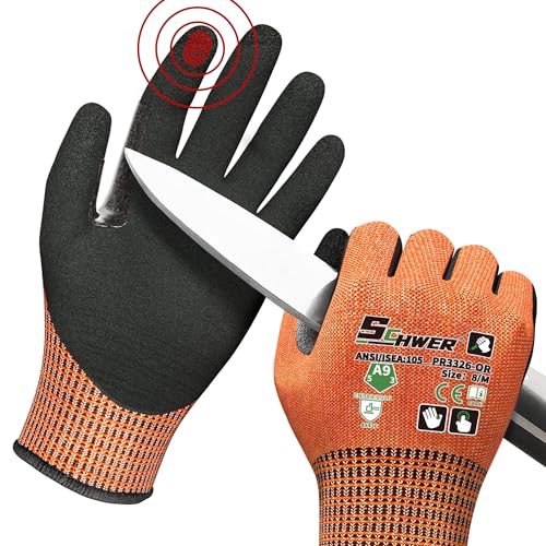 Schwer ProGuard High Level Cut Resistant Work Gloves PR3326 for Extreme Protection, ANSI A9 Cut Gloves with Reinforced Thumb, Non Slip, Breathable, Durable, Touch-screen, Orange 1 Pair（M） - color: Orange, size: Medium