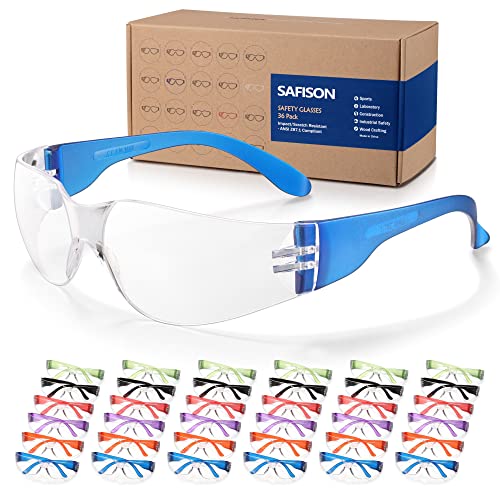 36 Pack Safety Glasses Bulk, ANSI Z87.1 Protective Eyewear, Scratch & Impact Resistant Protective Glasses with 6-Color Frames, Perfect for Construction, Nerf, Shooting and Lab - color: Adult Size/36 Pack