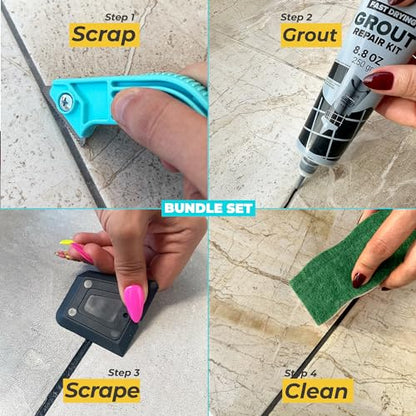 PentaUSA Tile Grout Repair Kit with Removal Tool - Premixed Acrylic Sanded Grout Filler for Bathroom, Shower, and Kitchen, Includes Applicator Spatula, and Sponge - Black (8.8oz / 250g) - style: Black