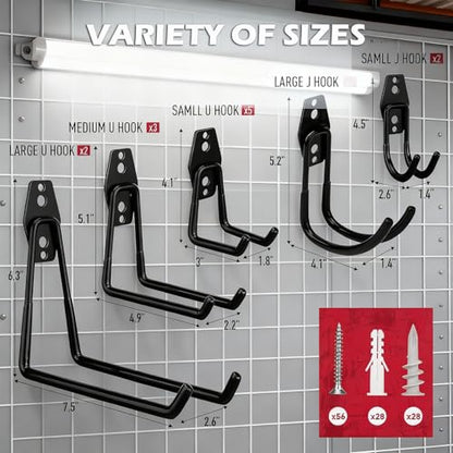 20 Pack Heavy Duty Garage Storage Hooks with Extension Cord Organizer, Solid Steel Wall Mount Hook Set with Anti-Slip Coating Utility J Hooks for Ladders,Bikes,Ropes,Broom,Garden,Yard and Power Tools - style: 20-Pack Hooks + 6 Straps