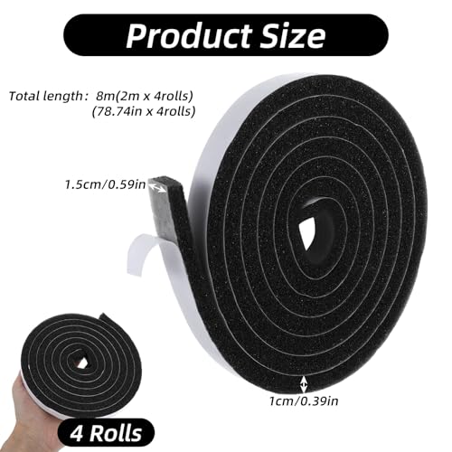 26.24ft Self Adhesive Foam Tape Weatherstrip, 4 roll 0.59inx0.39in x 6.56Ft/Roll, High Density Foam Insulation Strips Seal Weather Stripping Strong Adhesive Door Window Sound Isolation
