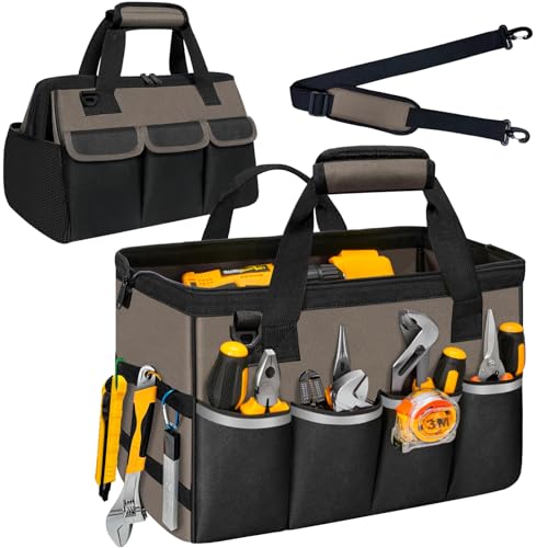 NECKORY Tool Bag, Portable Tool Box Organizer Adjustable Shoulder Strap, Carry Tool Tote Heavy Duty Tool Storage Bag With Wide Mouth,Tool Bags for Men Mechanic EngineerGift - L, Coffee & Black - color: Coffee & Black, size: L