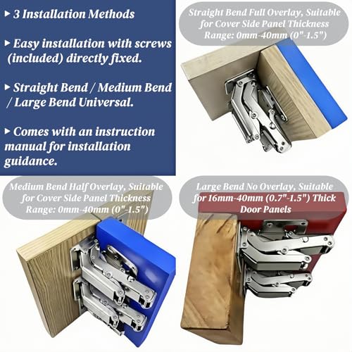 175° Heavy Duty Cabinet Hinges 2 Pair, Wide-Opening Concealed Hydraulic Hinges for Trap Doors, Thick Panels & Garage Cabinets | Soft Close, Adjustable Frameless Hinge Set with Screws & Storage Case - color: Universal | 175°Heavy Duty + Manual & Case