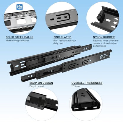 Sulawskys 12 Inch Drawer Slides, 6 Pairs (12 Pcs) Full Extension Ball Bearing Rails, Side Mount Heavy Duty 100 LB Capacity Metal Runners for Kitchen Cabinet, Wardrobe Dresser, Zinc Plated Steel Black - size: 12inch-300mm