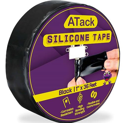 ATack Silicone Self-Fusing Tape, 1-Inch x 36-Foot (Black) Waterproof Professional Grade Weatherproof Self-Fusing Silicone Rubber Sealing Wrap Tape for Hose, Pipe, Plumbing Emergency Repair 25 Mil - color: Black