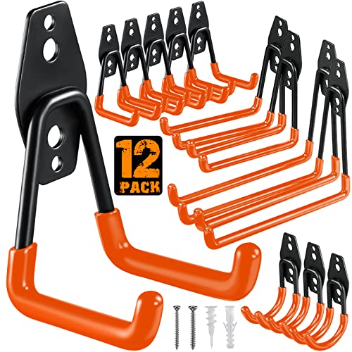HUPBIPY 12 Pack Garage Hooks Heavy Duty Utility Steel with Anti-Slip Coating Wall Mount Storage Organizer for Hanging Power and Garden Tools, Ladders, Hose, Bikes, Ropes, Bulk Items, and More - color: 12 Pack Orange