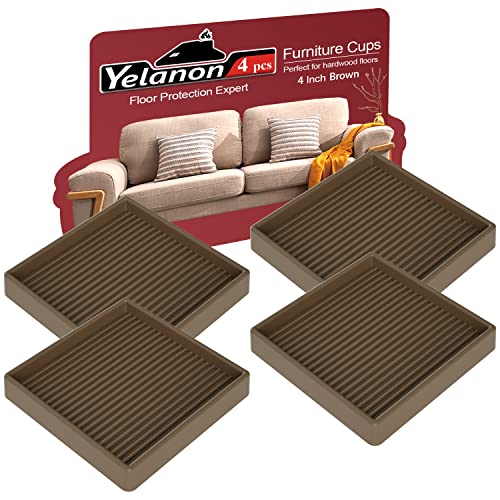 Furniture Coasters 4 Pcs 4” Furniture Caster Cups - Non Slip Furniture Pads Hardwoods Floors - Non Skid Furniture Grippers Rubber Furniture Feet, Anti Slide Floor Protector for Bed Couch Stoppers - color: 4pcs4"square Brown