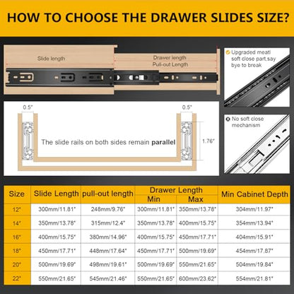 22 inch Ball Bearing Drawer Slides 6 Pairs (12pcs) - 100LB Capacity, Full Extension Side Mount Slides for Kitchen Cabinets, Wardrobes, Office Furniture (Black 22inch) - color: Black, size: 22 Inch