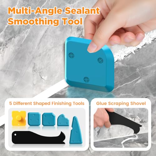 6 in 1 Silicone Caulking Tool Kit with Caulk Grout Remover Tool Sealant Finishing & Smoothing Tool, Grout Scraper, 6 Reusable Pads and Adhesive Residue Scraper for Kitchen Bathroom Tile Sink (Orange) - color: Orange