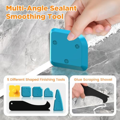 6 in 1 Silicone Caulking Tool Kit with Caulk Grout Remover Tool Sealant Finishing & Smoothing Tool, Grout Scraper, 6 Reusable Pads and Adhesive Residue Scraper for Kitchen Bathroom Tile Sink (Orange) - color: Orange