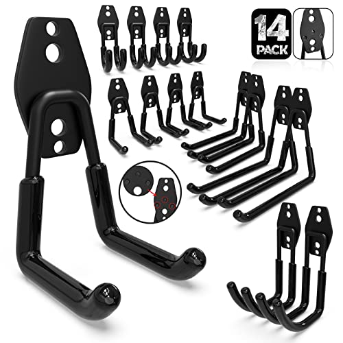 3-H Garage Wall Hooks 14 Pack,Garage Hooks Heavy Duty,Garage Storage Hooks for Hanging and Organizing Garden,Lawn,Yard Tools,Chairs,Ladders,Weed Eater,Shovel,Blower(Black) - color: Black, size: 14