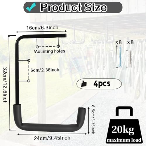 4pcs Ceiling Mounted Garage Hooks, Overhead Garage Storage Rack, Utility Ladder Hangers for Lumber Bike Tools (9.45 x 12.6 Inch)