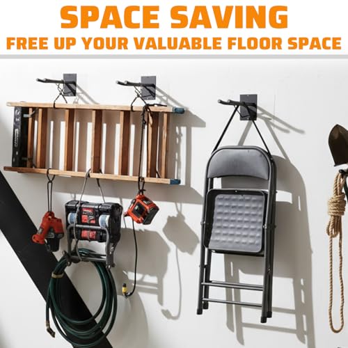 12.6'' Heavy Duty Garage Hooks, 4 Pack Garage Storage Hooks with Support Rods, Utility Wall Mount Hangers for Power Tools, Car Tires, Ladders, Chairs, Garden Tools and More