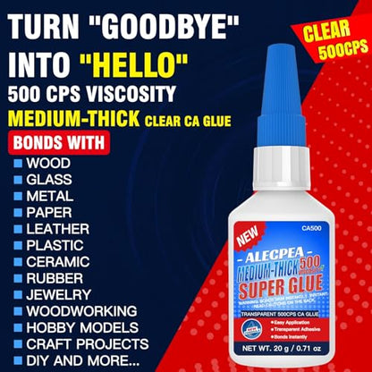 20g Medium-Thick CA Glue (500 CPS), Instant Clear Cyanoacrylate Glue for Wood, Glass, Metal, Paper, Leather, Plastic, Ceramic, Rubber, Jewelry, Woodworking, Hobby Models, and Craft Project - size: Clear/500CPS